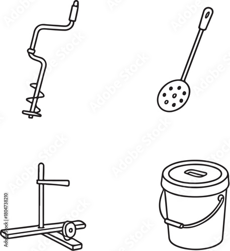 Winter Fishing Tools Vector Set in Clean Line Art Style.eps