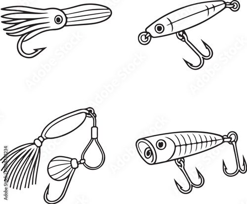 Fishing Lures Vector Set in Technical Line Art Style.eps