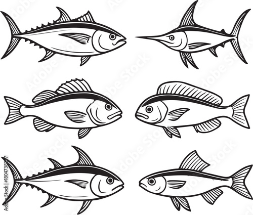 pelagic fish tuna swordfish mahi-mahi and flying fish ? clean black-and-white vector.eps