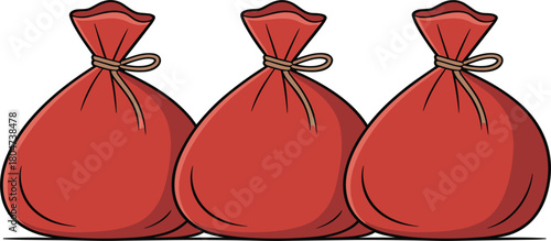 Three red sacks or money bags vector illustration, tied cloth container of goods, wealth, or Santa's gift loot design