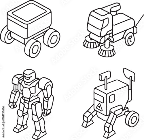 everyday function robots delivery sweeper security and maintenance black and white vector.eps