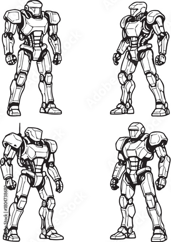 humanoid defense robots with hydraulic tubes and chest plates black and white vector.eps
