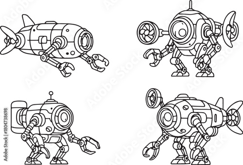 submersible robots with propellers sonar domes and claws black and white vector.eps