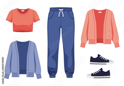 Casual Outfit Set with Top Cardigans Joggers and Sneakers.