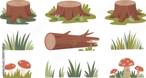 Woodland nature elements set vector illustration, cartoon tree stumps, log, grass and mushrooms collection, forest graphic design