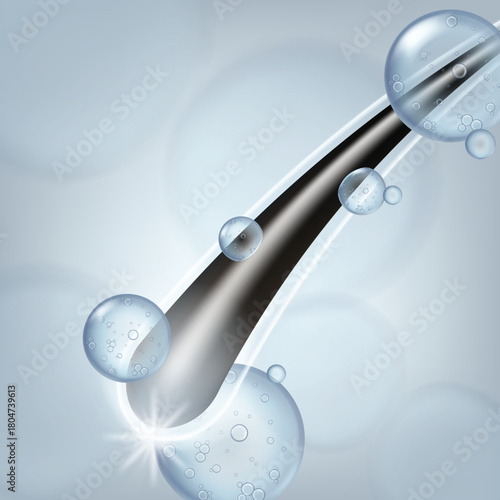 Vector illustration of Hair strand with water bubbles. Hair hydration and moisturizing concept