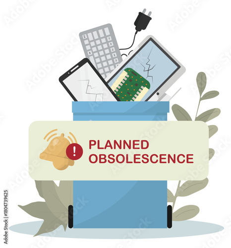 Planned Obsolescence Alert with Discarded Electronics in Bin isolated on transparent background. E-waste and the lifespan of consumer technology. Maintenance concept. Flat design. Vector illustration