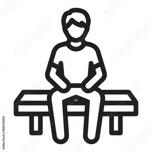 Line art icon of a man sitting on a bench with arms on knees relaxed
