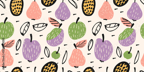 Cute vector seamless pattern with summer fruits, apples, pears, cherries, exotic fruit. Abstract hand-drawn style texture. Funky childish background. Playful repeated design for textile, print, wrap