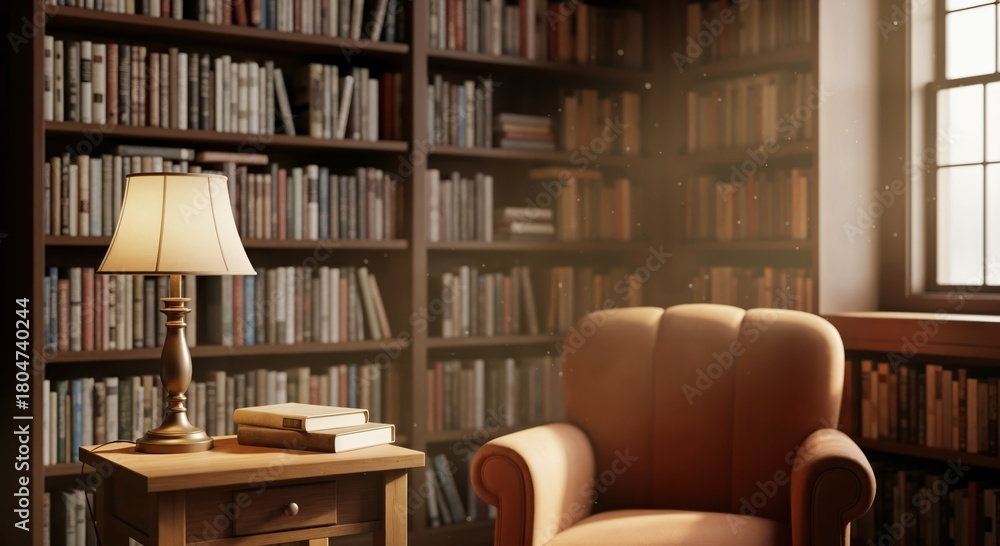 Fototapeta premium Cozy Reading Nook in a Warm Library with Bookshelves and a Comfortable Armchair Lit by Soft Lamp Light