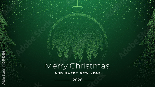 Christmas and Happy New Year 2026 greeting card with dotted abstract trees inside a bauble. Modern holiday season design concept.
