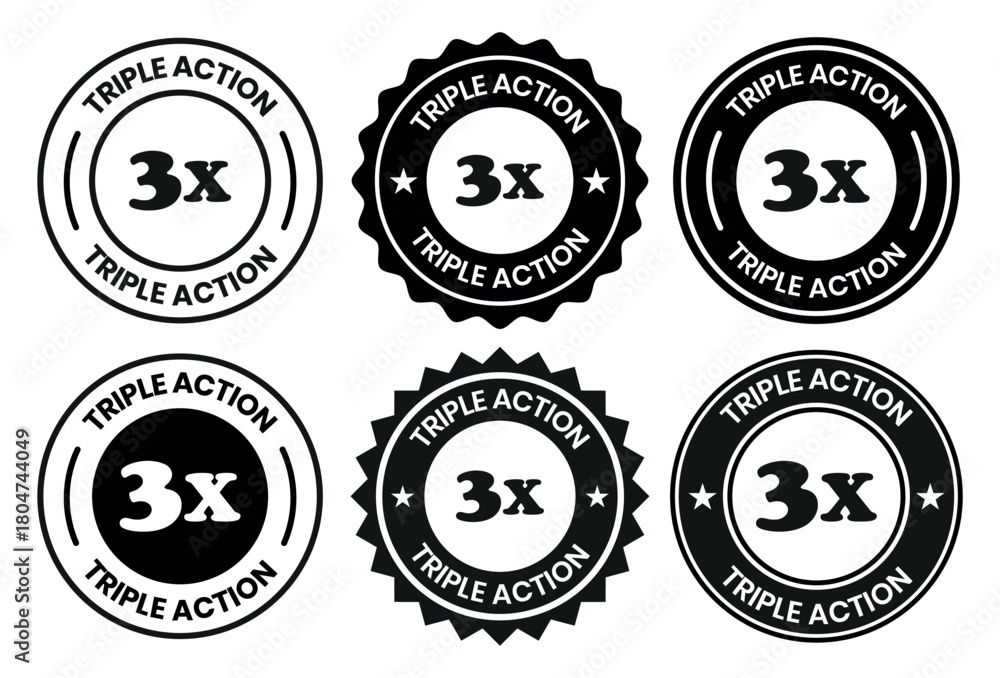 Fototapeta premium Triple Action - vector label for packaging label design. Triple Action sign, logo, badge, icon, sticker, label, emblem, stamp, symbol, black, line, flat vector, isolated illustration. 