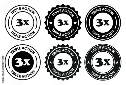 Triple Action - vector label for packaging label design. Triple Action sign, logo, badge, icon, sticker, label, emblem, stamp, symbol, black, line, flat vector, isolated illustration. 