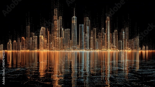 Digital cityscape reflected on water.  Abstract city skyline rendered with glowing lines and particles,  mirrored on a dark water surface