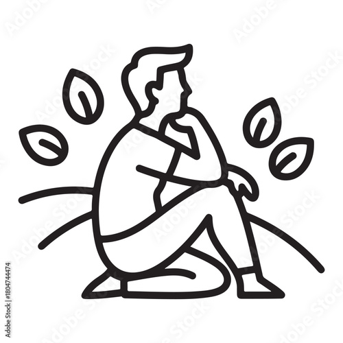 Man sitting outdoors contemplating nature with leaves and hills contemplation
