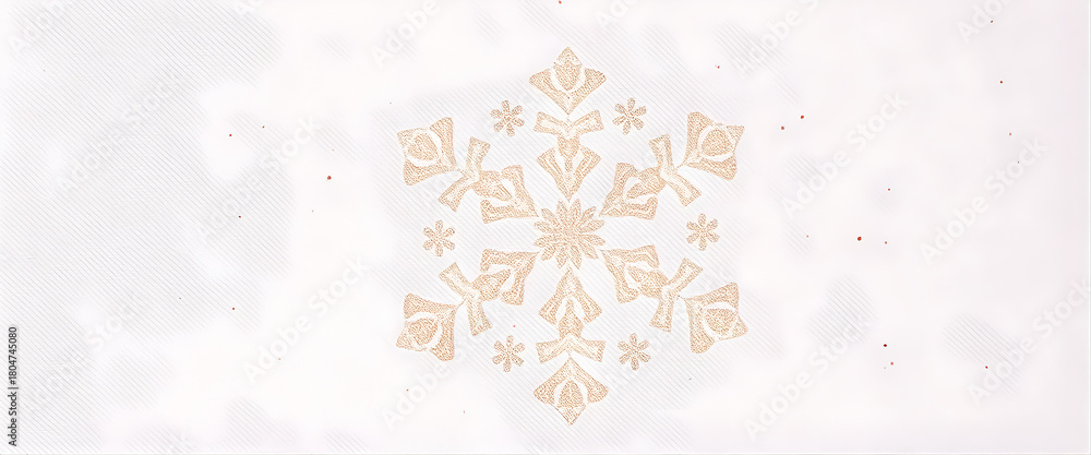 Fototapeta premium Matte blush canvas with delicate embossed snowflake clusters forming a soft circular pattern, floating rose-gold foil flecks, romantic holiday elegance.
