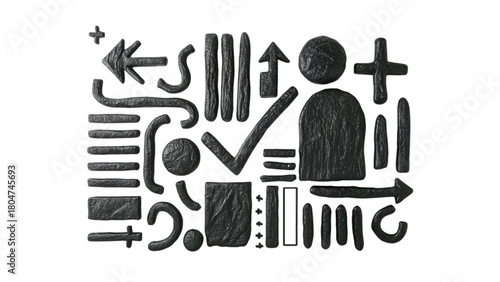 Textured Black 3D Symbols and Shapes on White Background