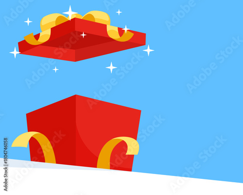Red mystery gift box on blue background. Open the reward with copy space. Random a secret loot box concept. Vector illustration cartoon flat design.