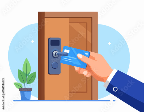 Hand inserting a blue credit card into a digital door lock on a wooden door, with a potted plant nearby.