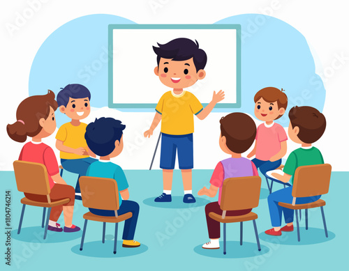 Cartoon illustration of a young boy presenting in front of a whiteboard, surrounded by a group of seated children listening attentively.