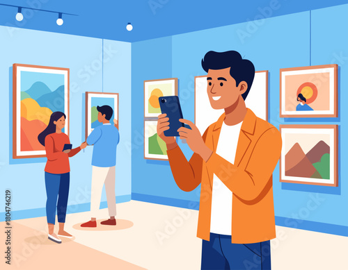 Man taking a photo with his smartphone in an art gallery, while two other people are viewing the artwork on display.
