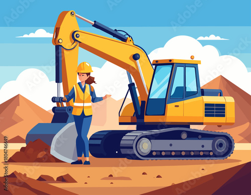 A female construction worker in a hard hat stands beside a large yellow excavator on a construction site with a blue sky and desert hills in the background.