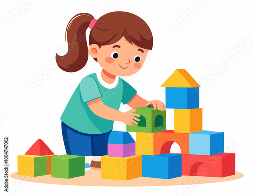 A young girl with brown hair in a ponytail is happily playing with colorful building blocks, creating a tower structure.
