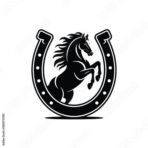 Black silhouette of a rearing horse inside a horseshoe