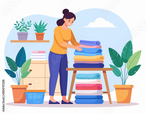 A woman is folding a stack of clean laundry on a small wooden table in a bright, plant-filled room.