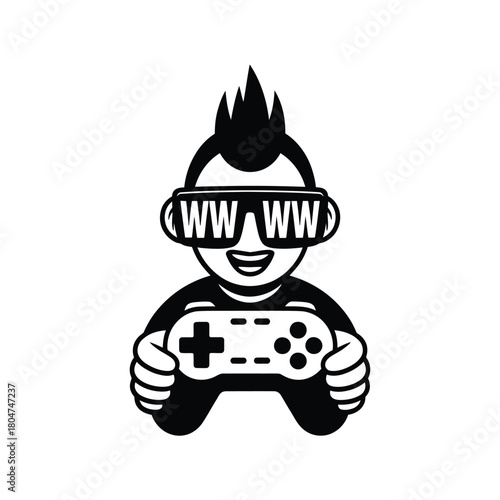 Cartoon gamer with mohawk and vr headset holding a controller