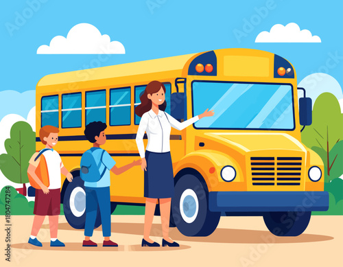A teacher stands beside a yellow school bus as two students prepare to board, set against a backdrop of blue sky, clouds, and trees.