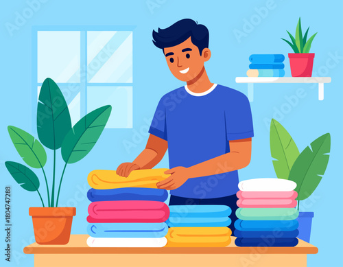 A smiling man folds a stack of colorful towels on a table in a bright room with plants and a window.