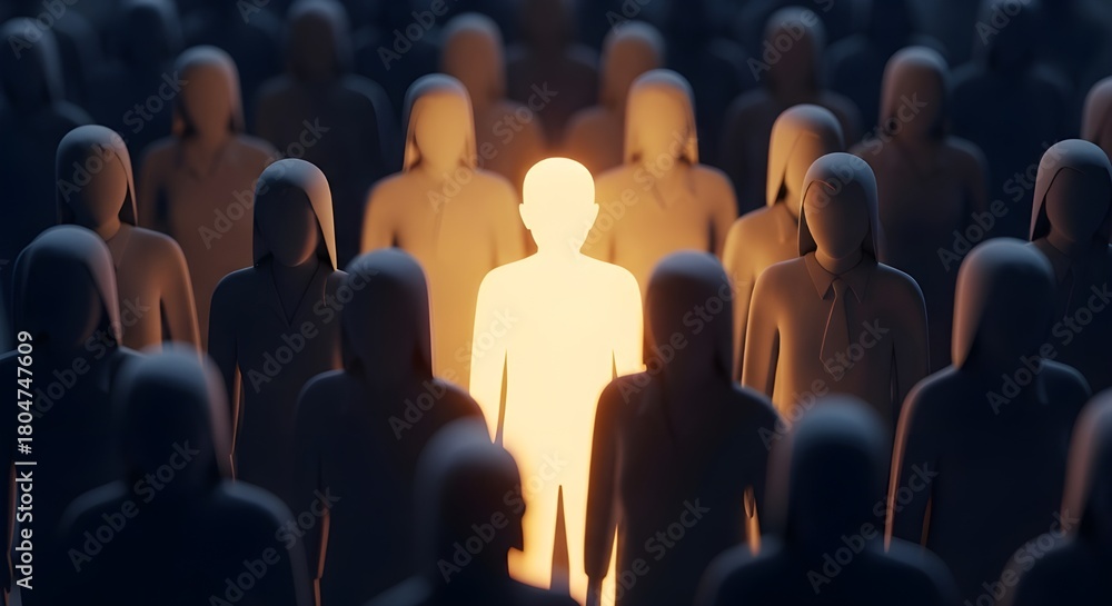 Obraz premium Figura resplandeciente destacándose entre la multitud. Concepto de negocio de liderazgo y líder intelectual.