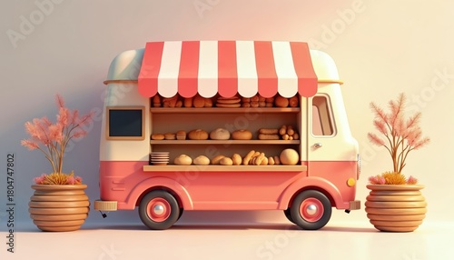 Fototapeta Naklejka Na Ścianę i Meble -  Cute pink bakery van with assorted fresh bread and pastries displayed on shelves. Mobile sweet shop setup with potted plants beside. Inviting street food cart.