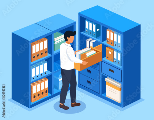 Isometric illustration of a man taking a file drawer from a blue filing cabinet in an office setting.