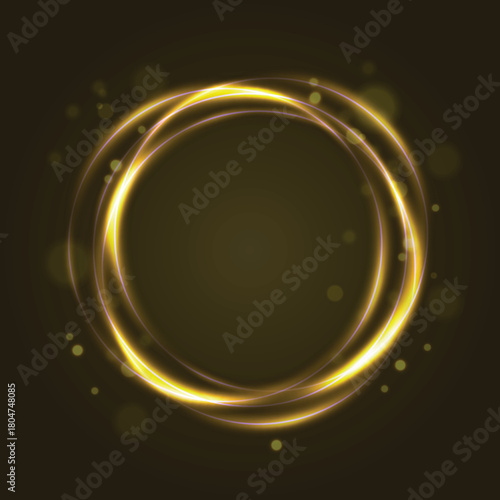 Abstract golden swirling light rings with sparkling particles on a dark background