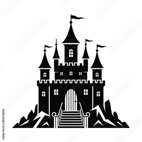 Black silhouette of a medieval castle on a rocky landscape