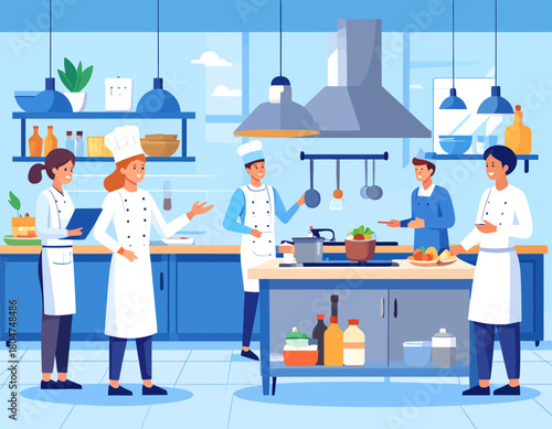 Cartoon illustration of chefs working in a professional kitchen, preparing food and collaborating on culinary tasks in a bright, modern setting.