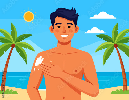 A tanned man applying sunscreen to his shoulder on a sunny beach with palm trees, ocean, and blue sky.