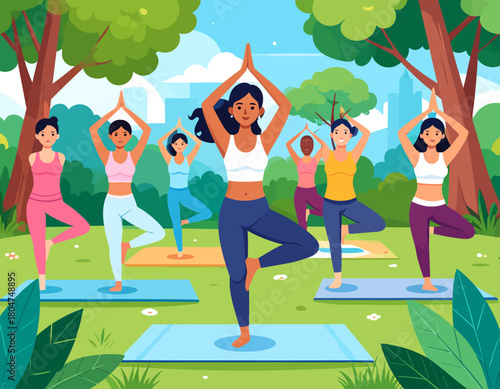 A group of women are practicing yoga in a park, standing on mats in the tree pose, with a city skyline in the background.