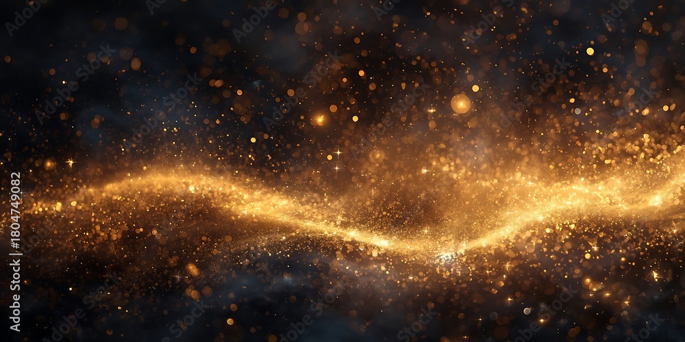 Obraz premium Abstract background with golden glitter dust particles floating on dark smoky backdrop elegance shiny texture glamorous decoration glow