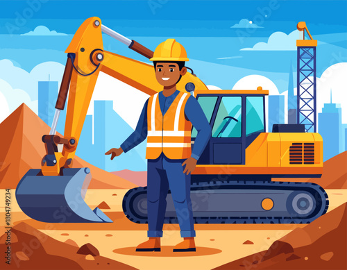 A smiling construction worker in a hard hat and vest stands in front of an excavator and a cityscape under a partly cloudy sky.