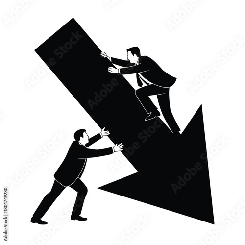 Two businessmen struggling to push a large down arrow upwards