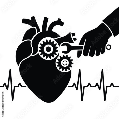Hand repairing heart with gears and wrench on electrocardiogram