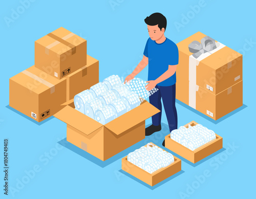 Man packing cardboard boxes with bubble wrap for moving or shipping, surrounded by other packed boxes on a blue background.