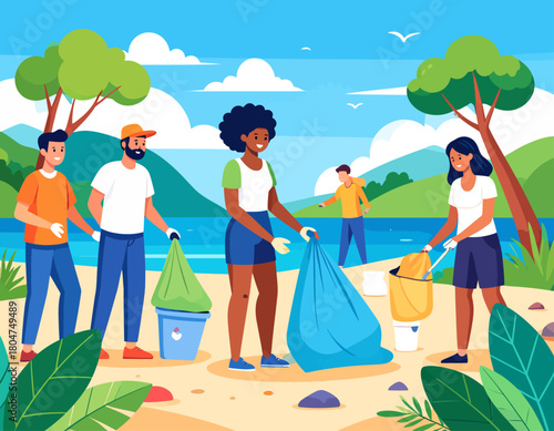 Volunteers cleaning up a beach, collecting trash in bags and buckets, with trees, hills, and water in the background.