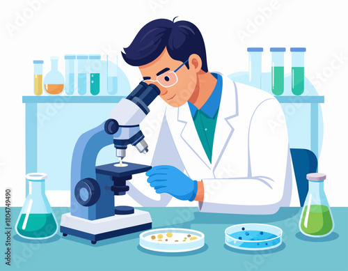 Scientist in lab coat and gloves examines sample under a microscope, with beakers and petri dishes on the table.