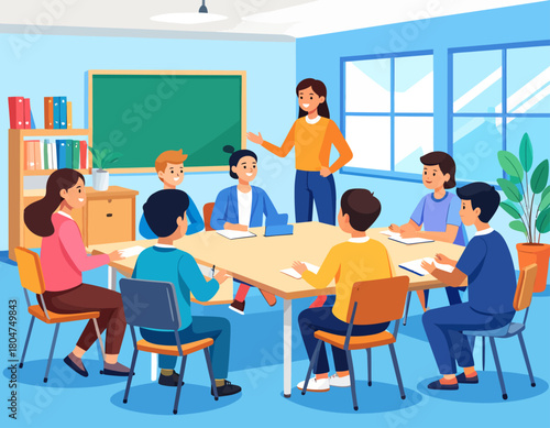 Teacher leads a classroom discussion with students seated around a square table, in a bright, blue-toned room with a chalkboard.