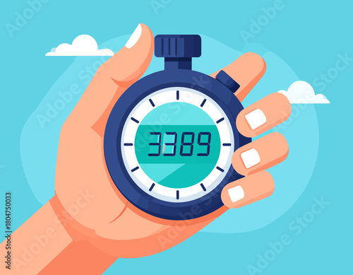 Hand holding a stopwatch displaying the number 3389, against a blue background with white clouds.