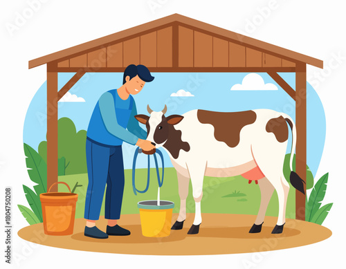 A man in blue milking a brown and white cow under a wooden shelter, with a bucket nearby.